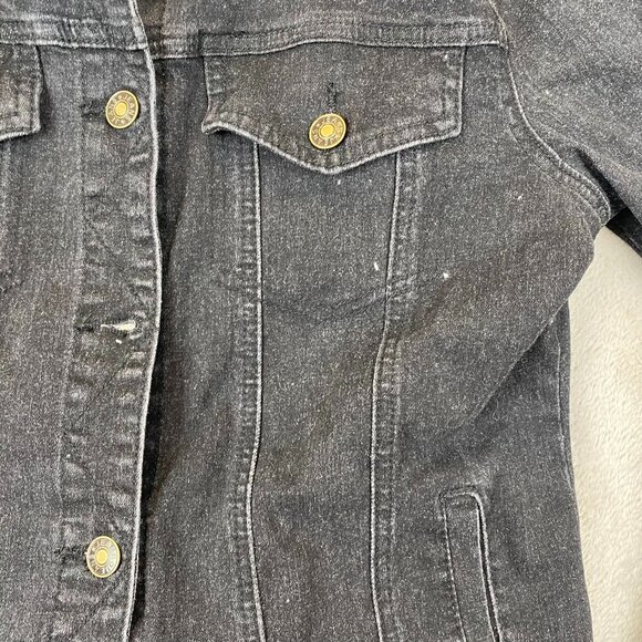 Women's Black Denim Jean Jacket Medium Stretch Fitted Classic Button Y2K - Picture 9 of 12